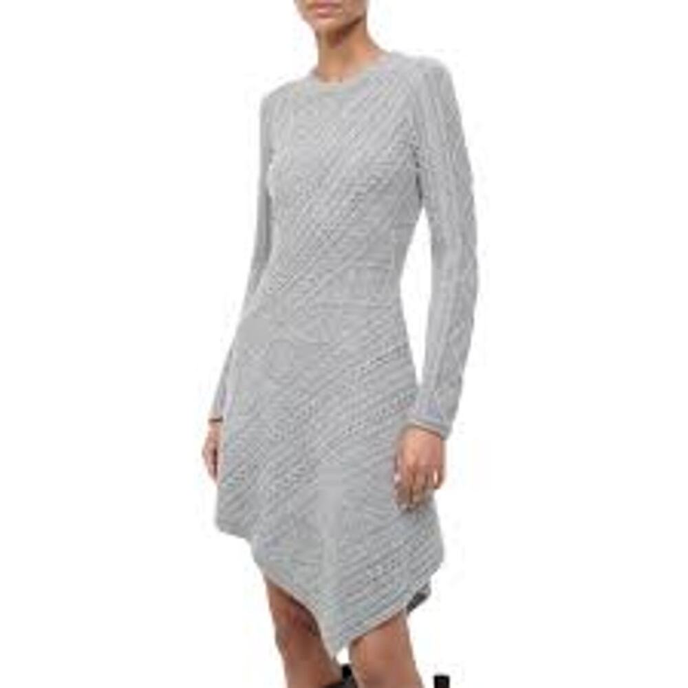 Staud Womens Cable Knit Eva Sweater Dress Asymmetrical Quiet Luxury Wool Gray XS